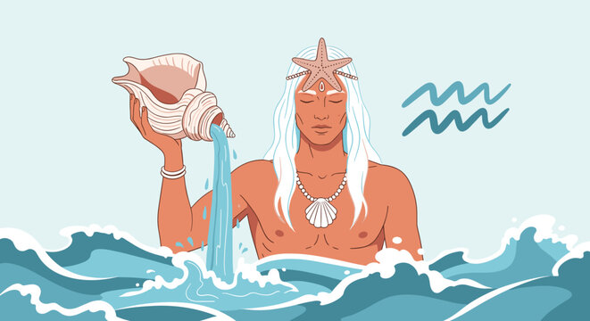 Artistic illustration of a man with long white hair representing the Aquarius zodiac sign pouring water from a large conch shell.
