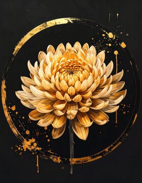 黒背景に金の菊 円形対称墨絵和風背景