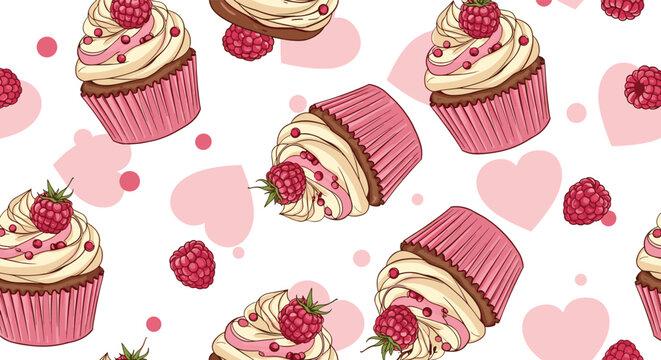 Sweet seamless pattern featuring delicious chocolate cupcakes with cream and fresh raspberries on a pink heart themed background.