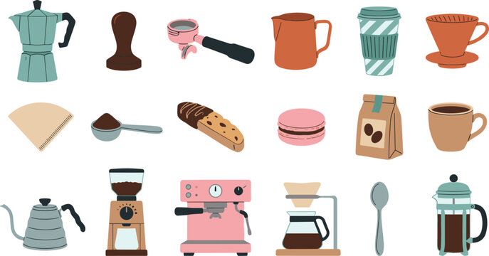 Coffee Equipment and Beverage Icon Set Featuring Espresso Machines, Coffee Cups, Grinders, and Pastries for Caf&eacute;, Coffee Lovers, and Beverage Design Projects