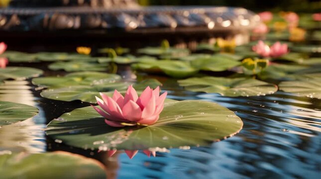 Pink lotus flowers floating on sacred water near a stone lingam base in a temple pond during a devotional ritual.