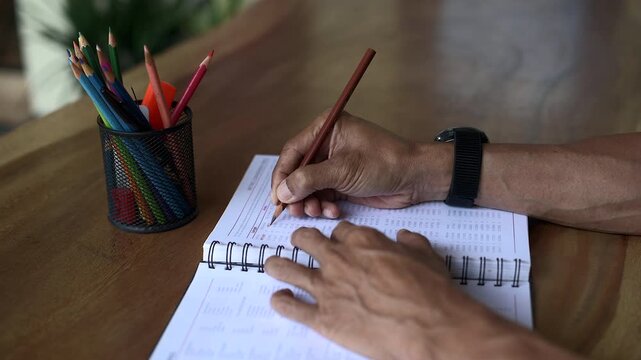 Asian male hand coloring a table on book