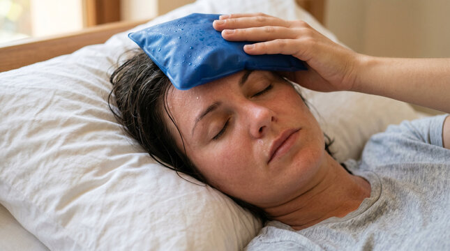 Young woman resting with an ice pack on her forehead at home  