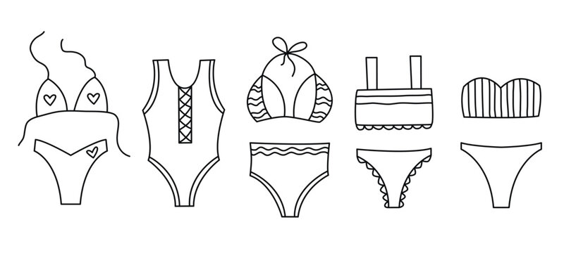 Swimsuit set for women outline illustrations. Bikini, one-piece swimsuit, top and swimming trunks clip art. Female beachwear for vacation, vector graphic