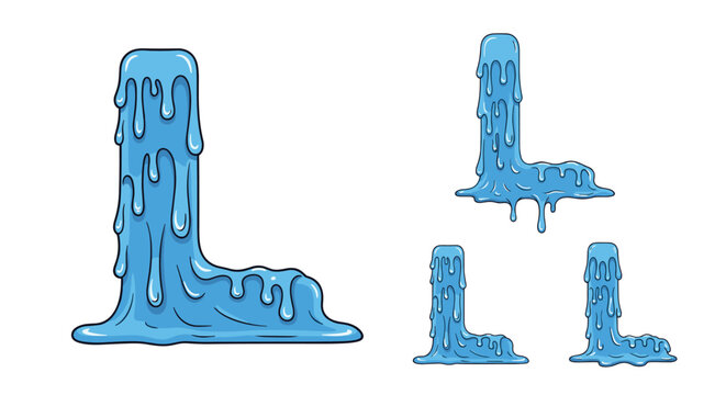 Letter L depicted as a blue melting liquid or dripping slime creature with multiple colorful character options.