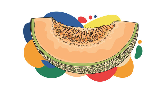 Illustration of a sweet cantaloupe melon slice with visible seeds placed against a background of abstract color shapes.