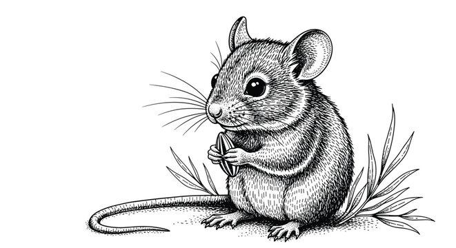 Detailed black and white engraving of a cute little field mouse sitting and holding a grain seed between its tiny paws.
