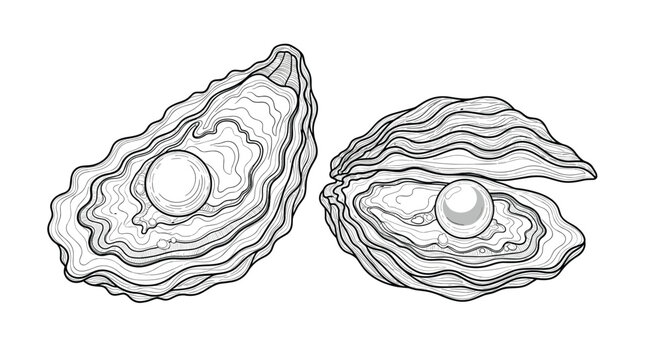 Detailed line art drawing of two opened oyster shells each holding a large lustrous white pearl on white background.