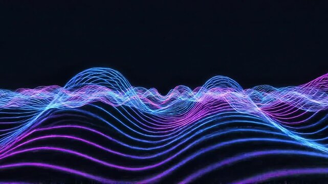 A seamless looping abstract animation of glowing neon lines forming fluid wave patterns. Colors are vibrant blue and magenta with smooth gradients. The motion is continuous and physically consistent