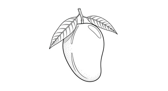 Detailed line drawing of a whole mango fruit with its leaves showcases the smooth shape and natural textures in a clean botanical drawing.