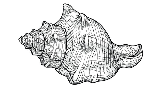 Detailed line drawing of a large conch shell showcases the intricate spiral structure and textures of this beautiful marine mollusk in art.