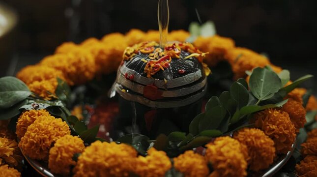 Water pouring over a Shiva Lingam decorated with marigold flowers and green leaves during a sacred religious ritual.