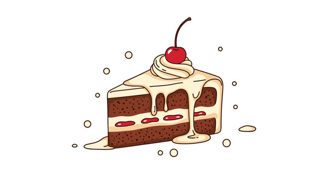 Delicious slice of chocolate layer cake with creamy frosting and a cherry on top is presented in a sweet and tempting food illustration art.