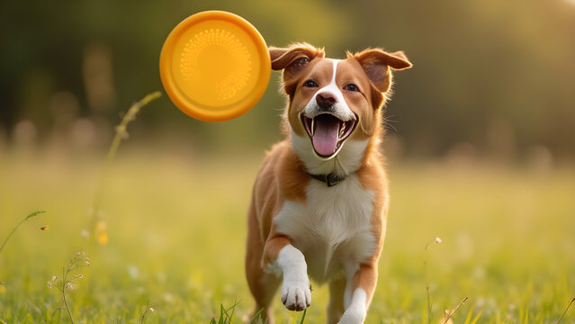 Dog catching frisbee joy. Ultra realistic dog photography. Happy dog outdoor action shot. Best moments with pets outdoors.