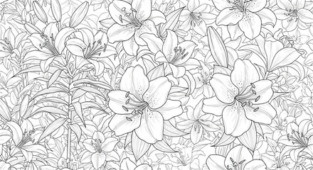 Fototapeta premium Intricate seamless floral pattern featuring a dense arrangement of detailed lily blossoms in black and white line art.