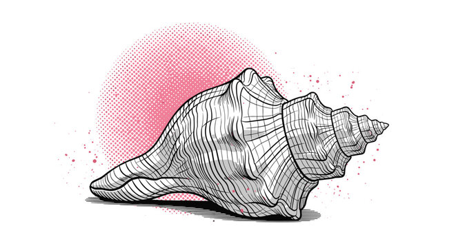 Detailed vintage style engraving of a spiral conch seashell with a decorative pink halftone circle background.