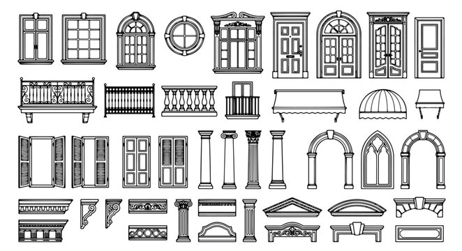Collection of Architectural Elevation Vector Symbols Featuring Classic Windows Doors Columns Balconies and Decorative Facade Elements for Building Design