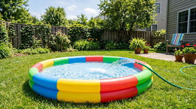 Colorful inflatable pool filled with water in backyard garden setting  