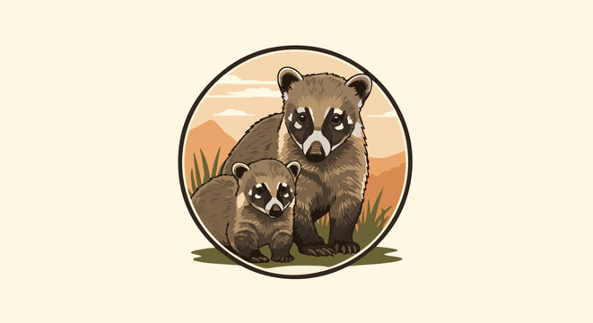 Two coatis, parent and child, stand in a natural setting