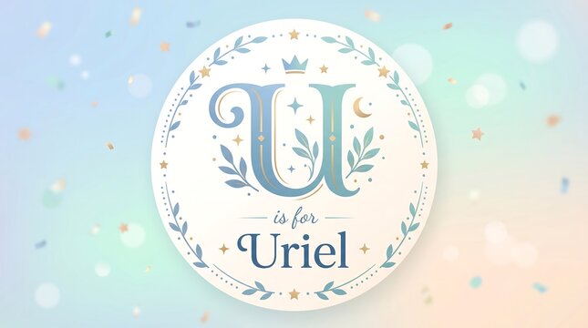 Round baby name sign vector illustration with letter U is for Uriel on bokeh background
