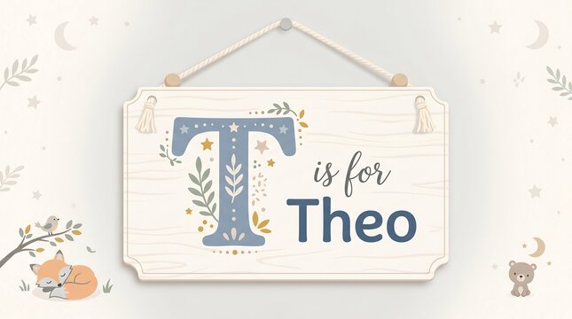 Rectangular wooden baby name sign with letter T is for Theo hanging on nursery wall mockup