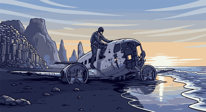 Survivor atop a wrecked aircraft on a desolate beach with basalt columns