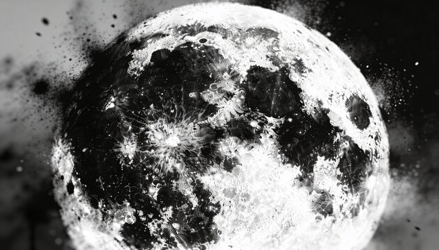 Showing Moon revealing impact craters, crater rays, dark maria in outer space, with ink splatter