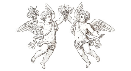 Fototapeta premium Two cherubic figures in a classic illustration, holding floral arrangements overhead, designed for decorative purposes and artistic expression