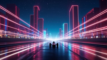 Obraz premium Panoramic Neon City Night Street Race Light Trails