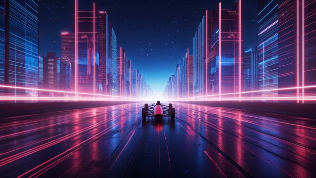 Panoramic Neon City Night Street Race Light Trails