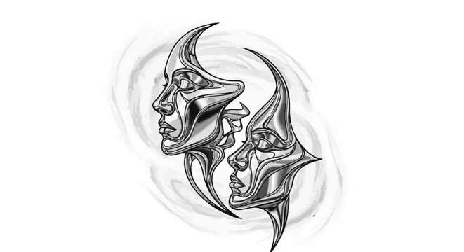 Stylized silver faces merge with swirling abstract background