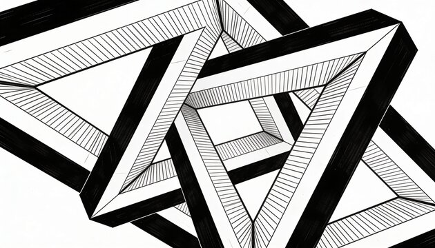 Showing interlocking Penrose triangles weaving on white paper, with bold black bands and hatching