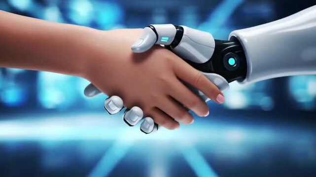 Human and robot handshake greeting in digital data environment with premium cinematic steady cam for artificial intelligence marketing