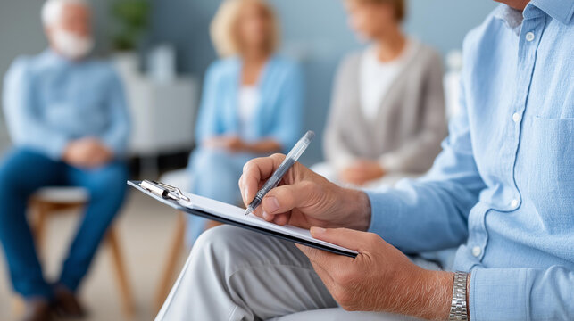 Close-up of a therapist's clipboard and hand during a group session with diverse patients seated in circle, clinical group therapy concept, professional mental health documentation, diverse