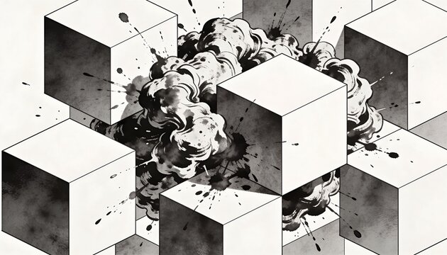 Erupting dark ink cloud colliding with isometric cubic blocks in studio space, with splatters