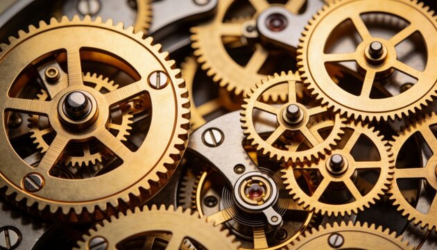 Rotating brass gears interlocking in macro close-up of watch movement, with coiled hairspring