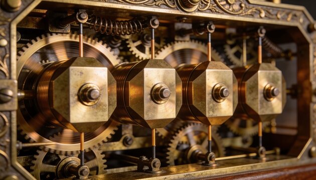 Rotating four hexagonal brass drums revealing spur gears inside antique clock case, with spring