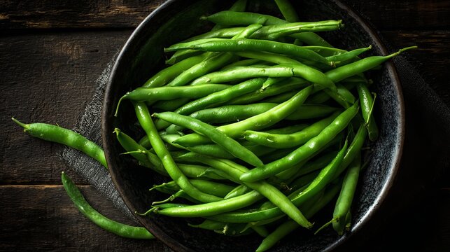 Green beans in their pods sit in a dish on a dark, old-fashioned surface, showing healthy eating.