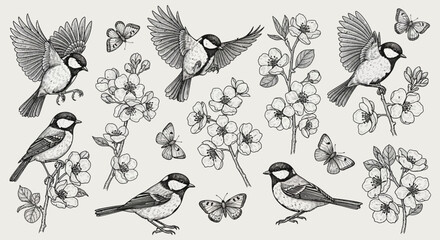 Naklejka premium Vintage tit birds and cherry blossom vector set, hand drawn botanical garden elements with butterflies, black and white floral engraving illustrations