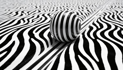 Naklejka premium Sitting glossy concentric-ring sphere casting soft shadow on studio tabletop with patterned stripes