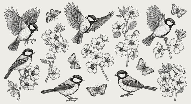Vintage tit birds and cherry blossom vector set, hand drawn botanical garden elements with butterflies, black and white floral engraving illustrations