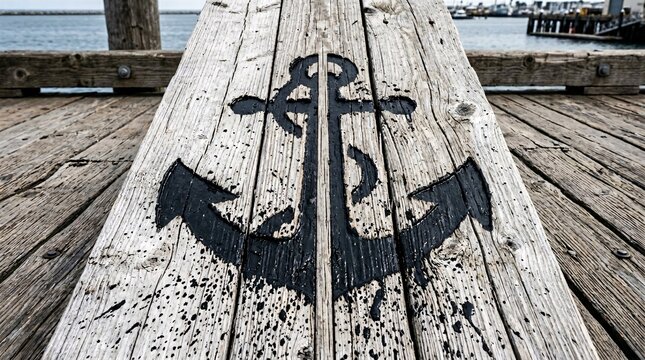 A stencilled anchor design on a weathered wooden dock near the water with a fence.