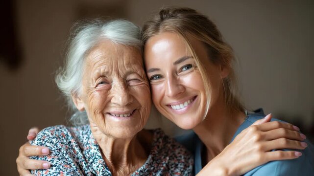 A tablet of a nurse caring for an elderly patient. The nurse is smiling as she embraces the older woman who also smiles, showing a positive interaction between healthcare professional and patient.