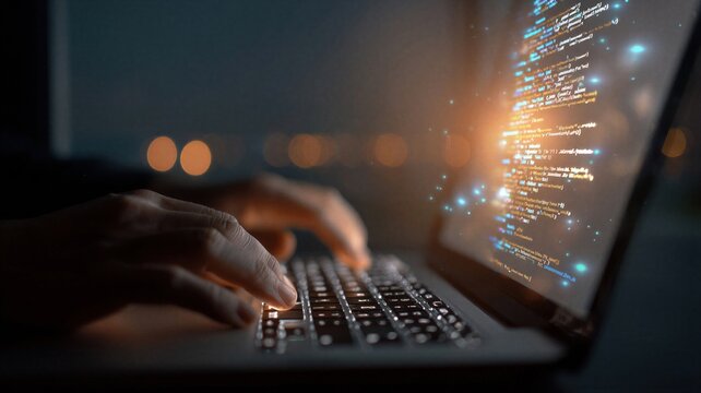 Programmer typing code on laptop keyboard at night. Software developer writing digital scripts with glowing data stream. Innovative information technology and cyber security concept.