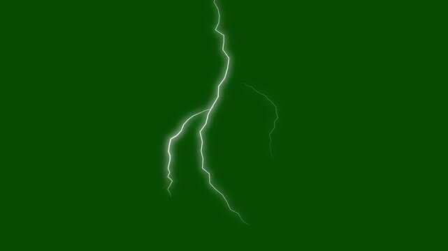 Bright electric lightning strike effect, electric animated bolt strikes storm light force effect flash thunderbolt, electric lightning flash FX animation on green background. 4k