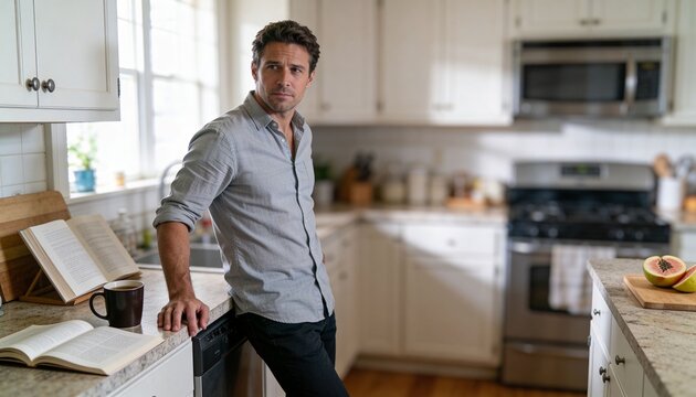 Leaning adult man wearing light grey shirt reading open books in bright home kitchen, with mug