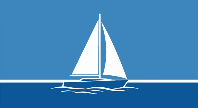Stylized white sailboat with full sails on blue water, minimalist