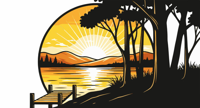 Stylized sunset over water with dock and trees