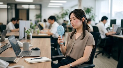 Fototapeta premium Young East Asian woman seeking relief from office heat using portable handheld fan while working at wooden desk in modern professional workspace