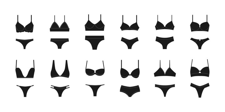 Black lingerie silhouettes collection with various bra and panties styles minimal underwear icon set for fashion design retail catalog and ecommerce branding